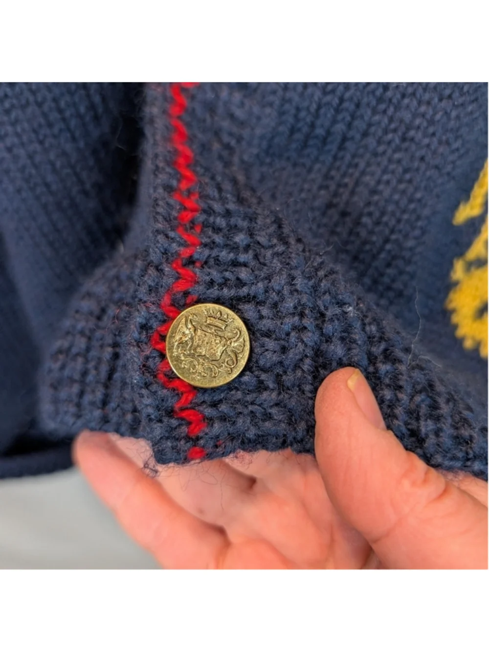 Handmade Wool Navy Cardigan with Yellow Lion Accents Size L In VGUC